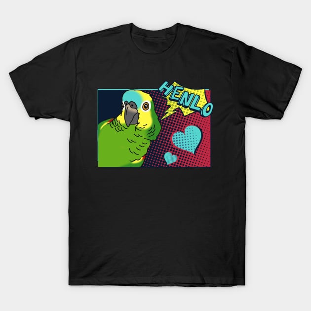 Henlo Blue Fonted Amazon Parrot Comic T-Shirt by FandomizedRose